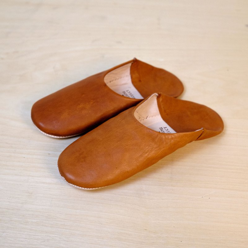 【Babouche 手工鞋】豔陽棕－圓 / 摩洛哥 - 室內拖鞋 - 真皮 咖啡色