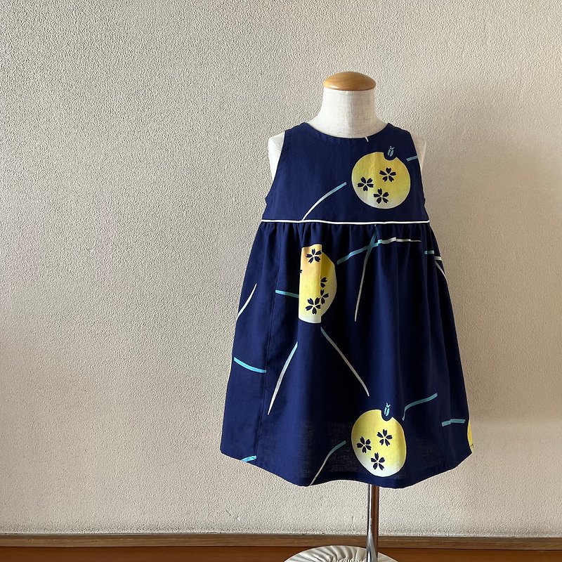 Children's Yukata-style modest flare dress, firefly/navy blue, size 80-130, made to order - Skirts - Cotton & Hemp Blue