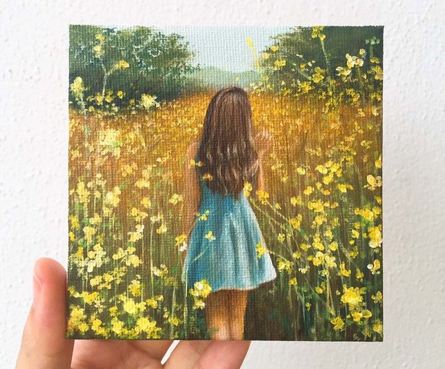 油絵（小花）額装　小さな絵 ポピーの小さな絵画オリジナル、赤い花の油絵額入り、小さな花の