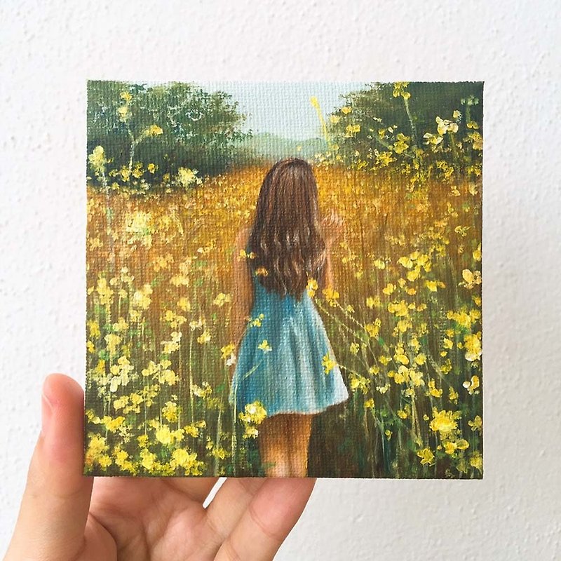 Girl and Flowers Small Oil Painting.Yellow Meadow Woman Portrait Tiny Art Decor. - โปสเตอร์ - ผ้าฝ้าย/ผ้าลินิน 