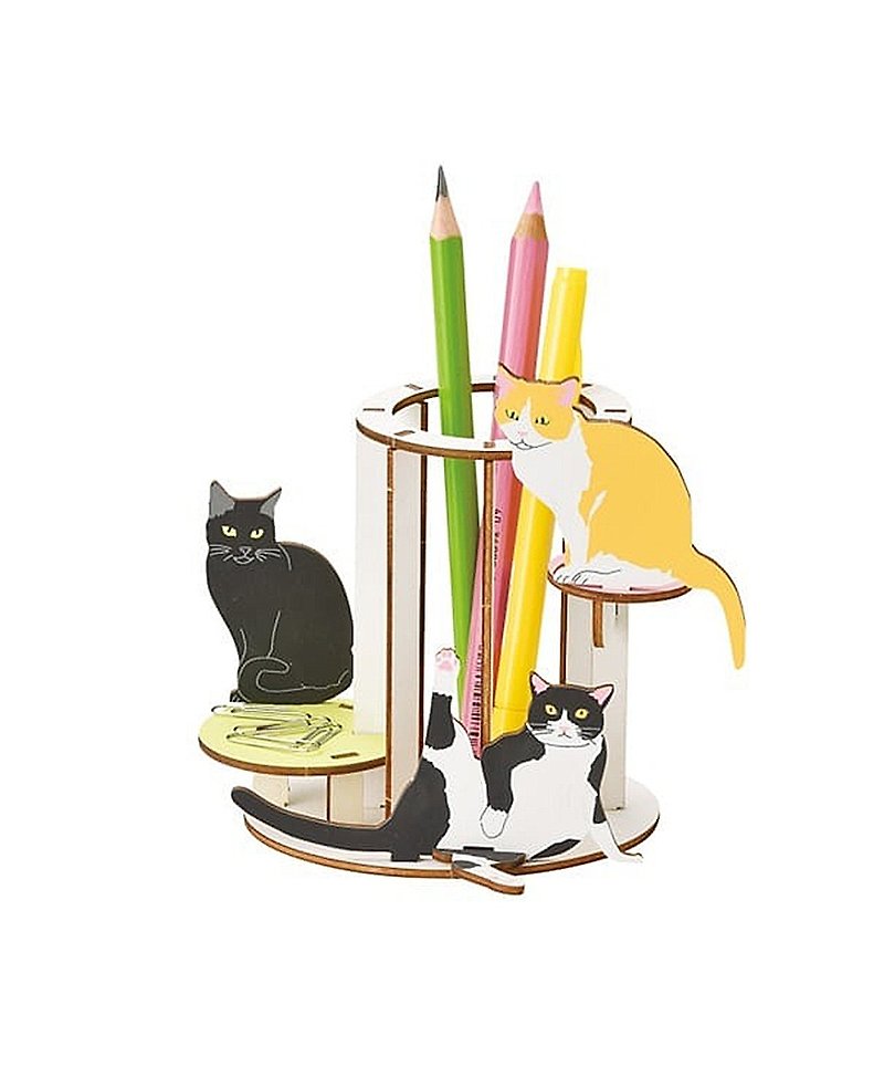 Japanese Magnets cute animal series wooden cat-shaped assembled pen holder/pen holder - กล่องใส่ปากกา - ไม้ สีส้ม