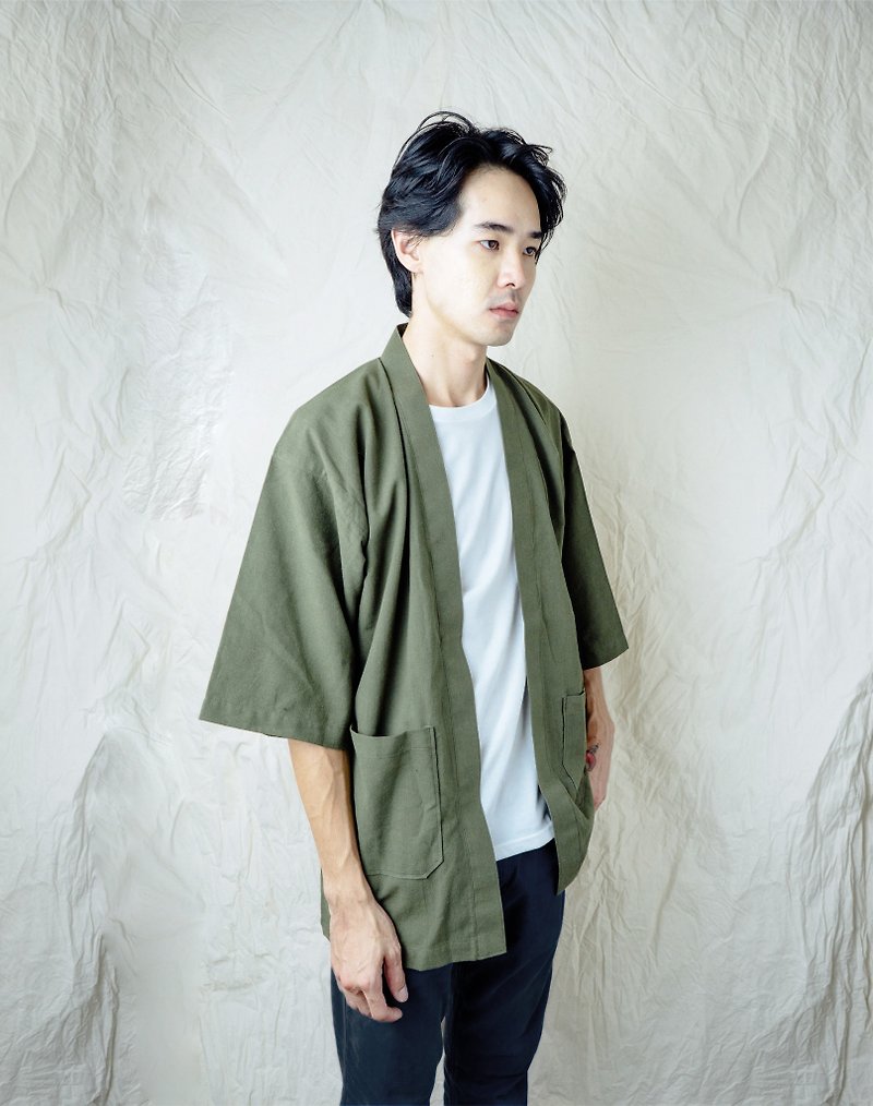 Pickle Green Kimono Jacket - 男夾克/外套 - 棉．麻 綠色