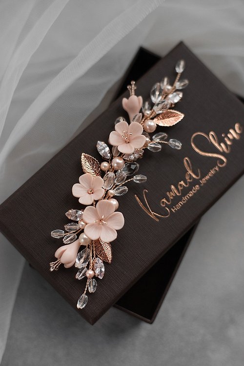Kamael Shine Powder pink floral hair piece for bride, Pink flower rose gold bridal hair vine