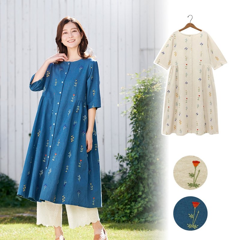 【預訂】花卉刺繡亞麻混紡裙 - 洋裝/連身裙 - 亞麻 