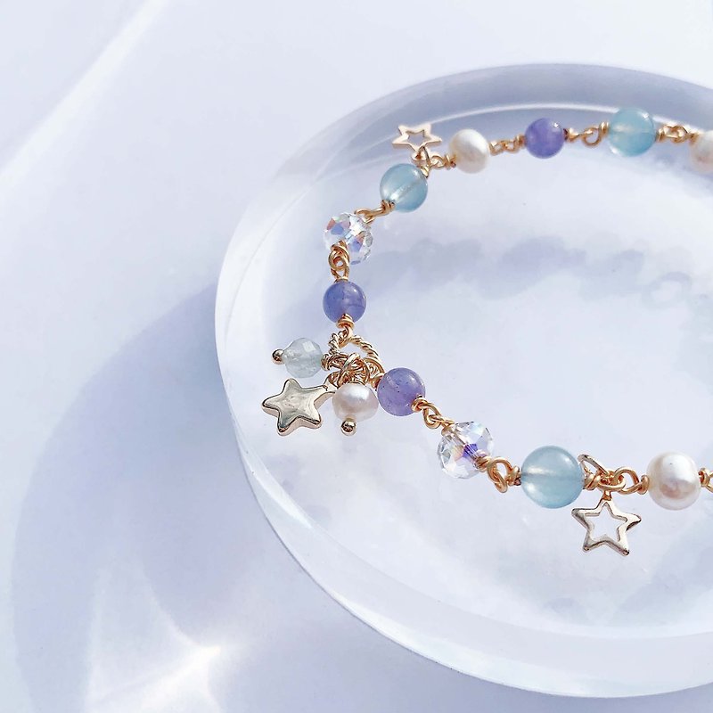 坦桑石 海藍寶 淡水珍珠 14k包金 手工繞線 天然水晶手鍊 - 手鍊/手環 - 水晶 多色