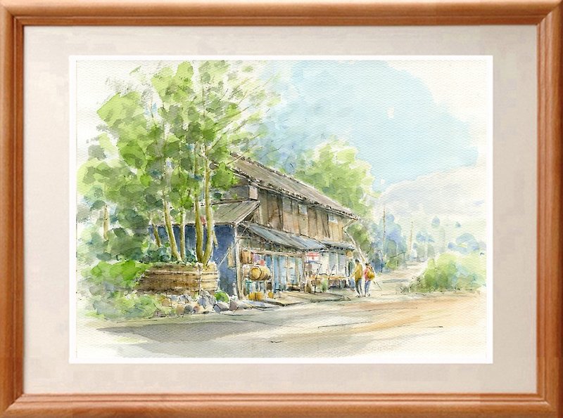 Original watercolor painting Landscape with a general store - Posters - Paper Green