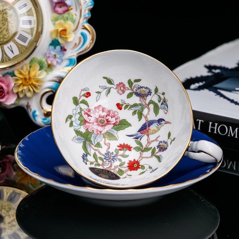 Aynsley Beautiful Bird and Flower Bone China Afternoon Tea Cup Coffee Cup and Plate Set (Sapphire Blue) Made in the UK - แก้วมัค/แก้วกาแฟ - เครื่องลายคราม 