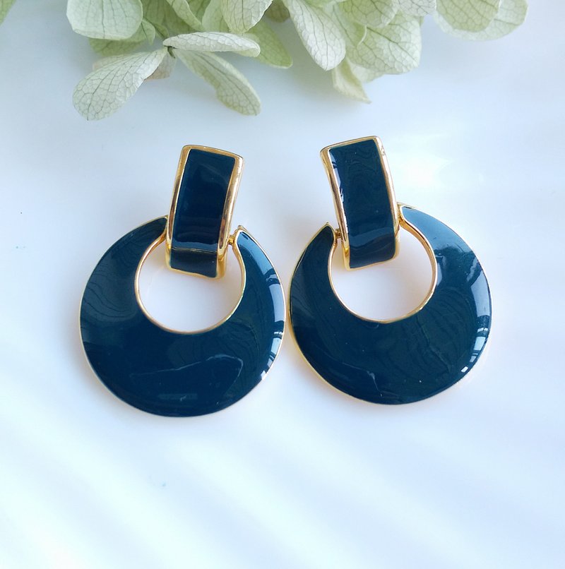 Vintage Jewelry 西洋古董飾品 經典 簡約 深藍琺瑯 針式耳環 - 耳環/耳夾/耳骨夾 - 其他金屬 透明