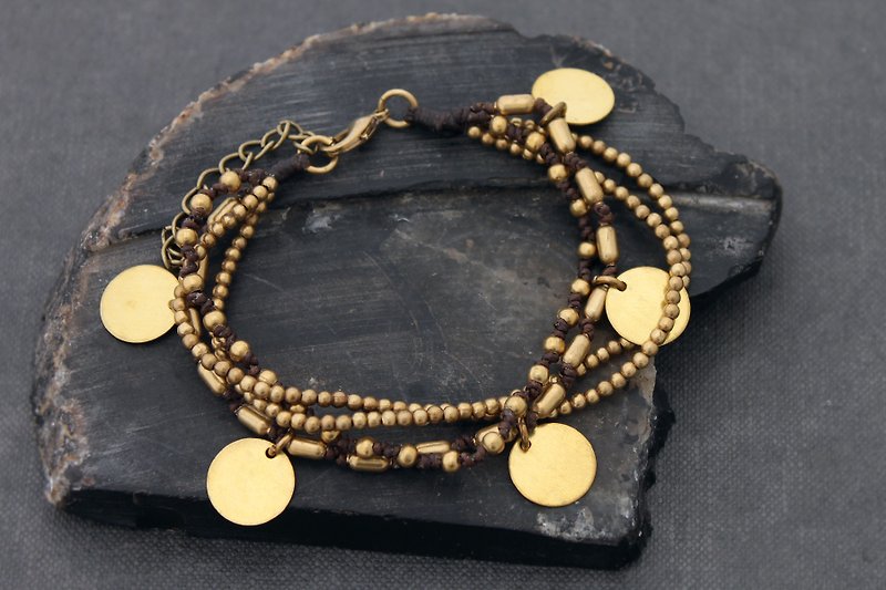 Woven Brass Beads Charm Bracelets Brass Disc Coin Multi Strand Layer Bracelets - สร้อยข้อมือ - ทองแดงทองเหลือง สีทอง
