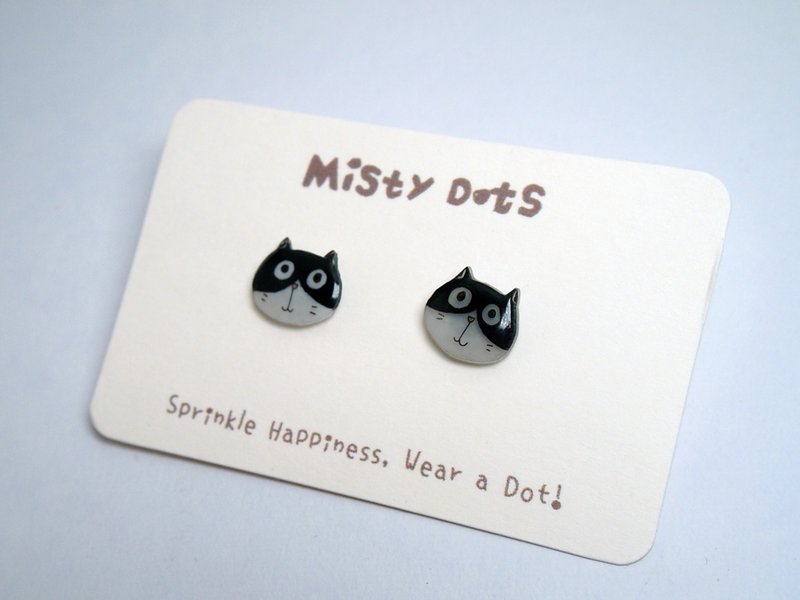 【Misty Dots 】- MDE02 Cute Tuxedo Cat Earrings/ Ear Clips - ต่างหู - พลาสติก ขาว