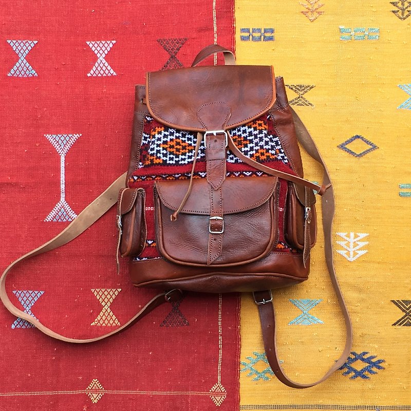 摩洛哥 鑲嵌地毯後背包 摩爾祖卡的城寨窗花 - 背囊/背包 - 真皮 咖啡色