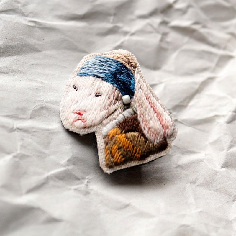 Handmade Embroidery Pin  Rabbit with a Pearl Earring - เข็มกลัด - งานปัก หลากหลายสี