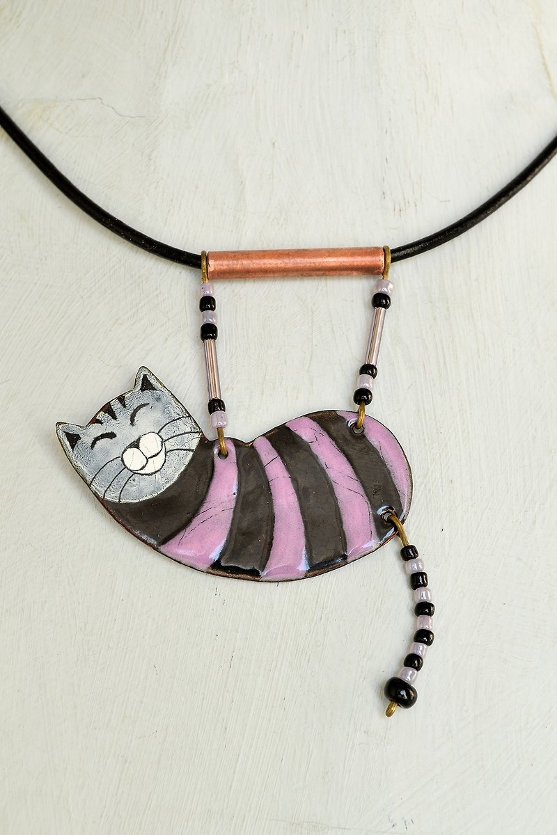 Enamel Cat, Enamel Necklace, Cat Necklace, Black Cat, Black and Purple, Boho Cat - สร้อยคอ - วัตถุเคลือบ สีม่วง