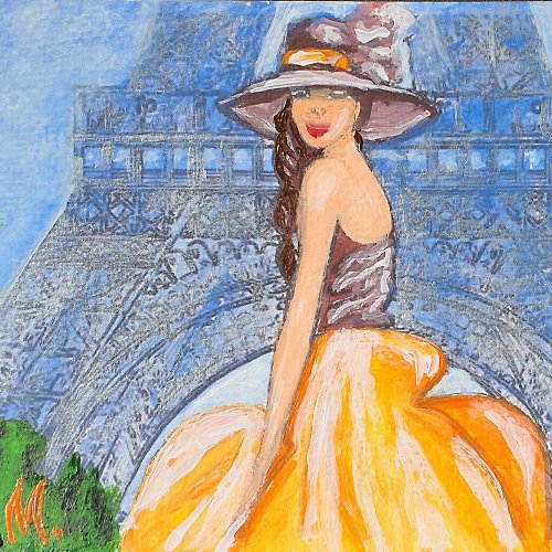 marina-fisher-art France Painting Eiffel Tower Original Art Girl Figure Hat Dress Fashion Paris