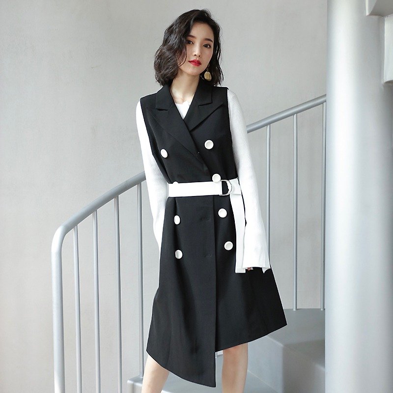 Long suit vest / coat / coat coat - black - Women's Blazers & Trench Coats - Polyester Black