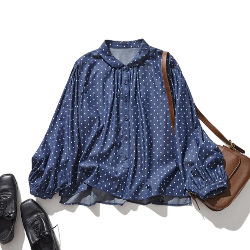 Cute and mature dot print shirt blouse, cotton, long sleeve top, blue, 241010-2 - เสื้อผู้หญิง - ผ้าฝ้าย/ผ้าลินิน 