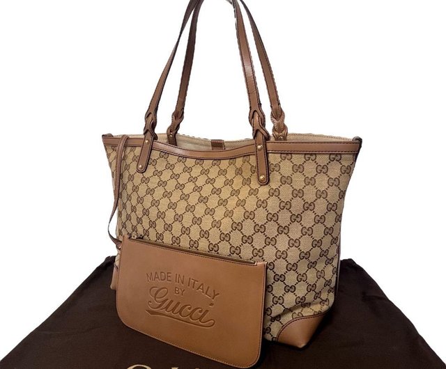 本物GUCCI グッチトートバッグポーチGGキャンバスレザーベージュ