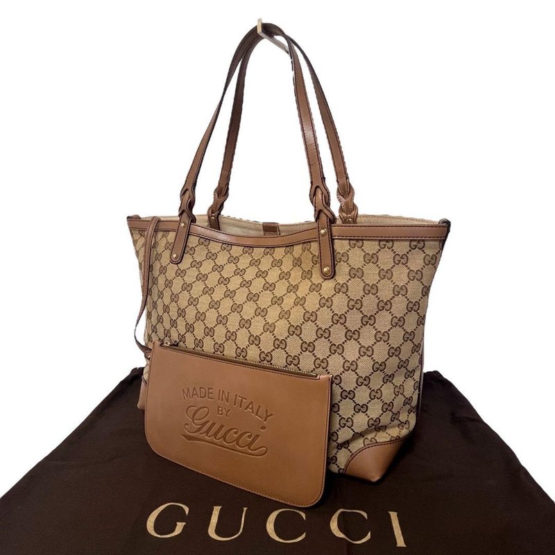 本物 GUCCI グッチ トートバッグ ポーチ GGキャンバス レザー ベージュ ブラウン 247209 中古 - 手提包/手提袋 - 其他材質 咖啡色