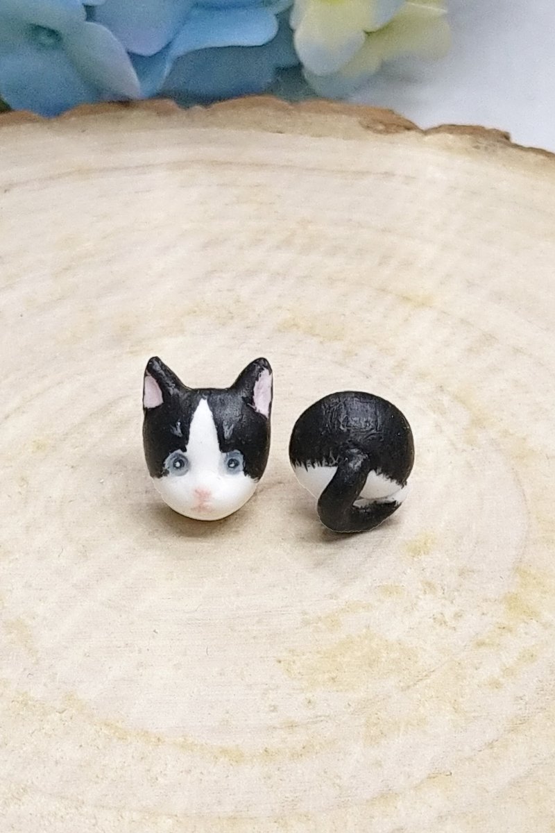 全手作 紳士貓+屁屁 / 手掌耳環 防敏感耳針 耳釘/耳夾 - 耳環/耳夾/耳骨夾 - 黏土 灰色