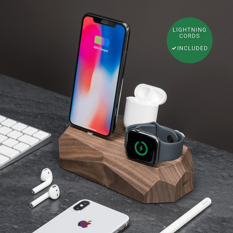WALNUT TRIPLE CHARGING STATION, iPhone apple watch docking station, AirPods dock