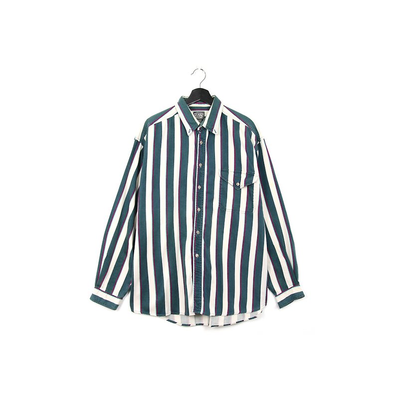 Back to Green:: striped denim shirt dark green / / vintage shirt - เสื้อเชิ้ตผู้ชาย - ผ้าฝ้าย/ผ้าลินิน 
