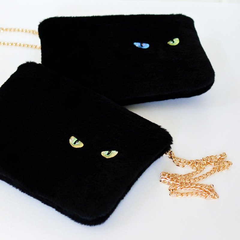 Black Cat Shoulder Bag Cat Eye Embroidery Faux Fur - Messenger Bags & Sling Bags - Acrylic Black