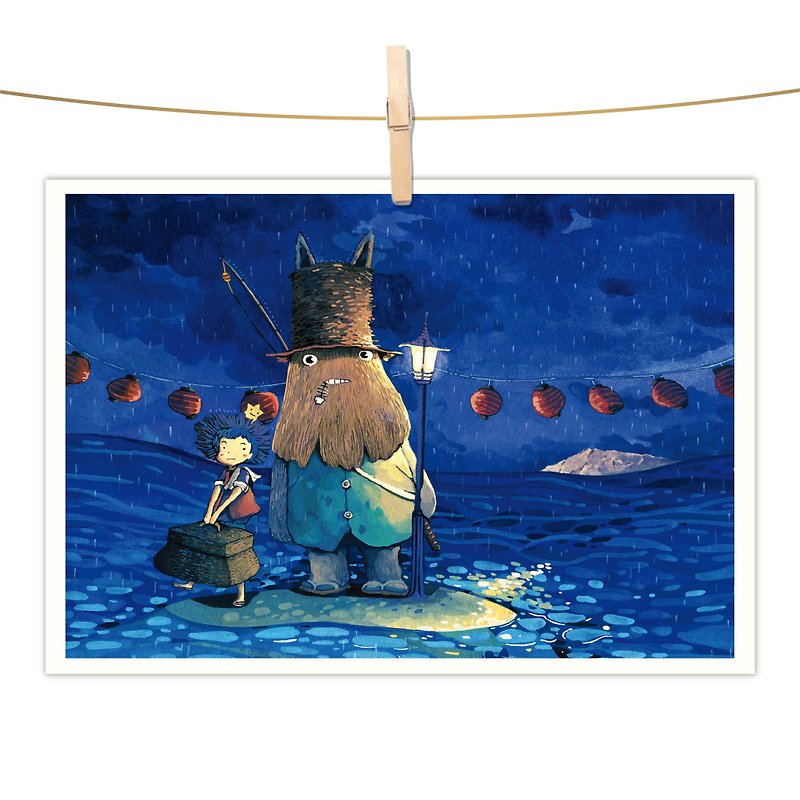 afu watercolor illustration postcard-waiting at sea - การ์ด/โปสการ์ด - กระดาษ สีน้ำเงิน