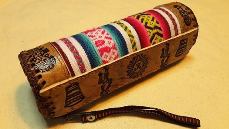 祕魯織布手感拼接 硬鉛筆盒-真皮烙印圖騰-白條 - 鉛筆盒/筆袋 - 真皮 多色