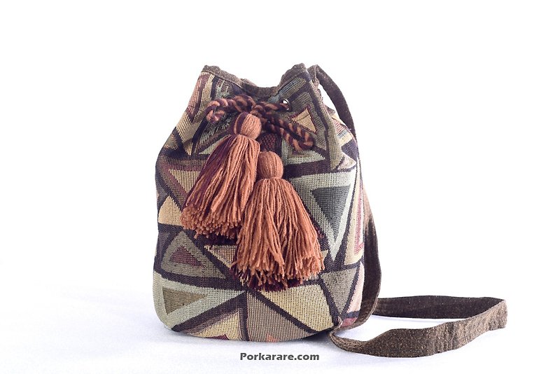 ฺBrown Geometry Hmong bucket bag cross body bag whit pom  - Messenger Bags & Sling Bags - Cotton & Hemp Brown