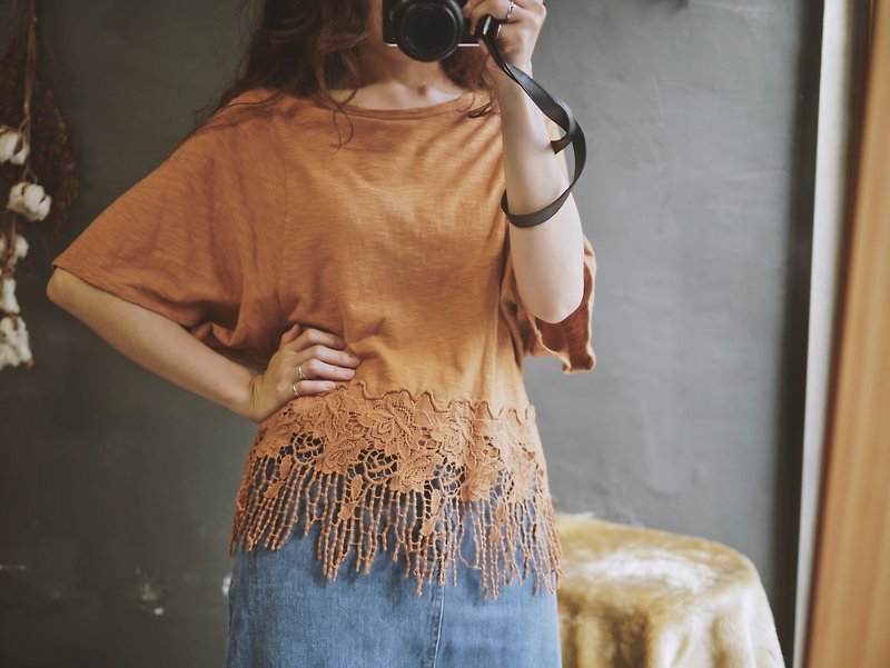 Dry orange tassel youth love day handwritten antique cotton loose shirt blouse shirt vintage - Women's T-Shirts - Cotton & Hemp Orange