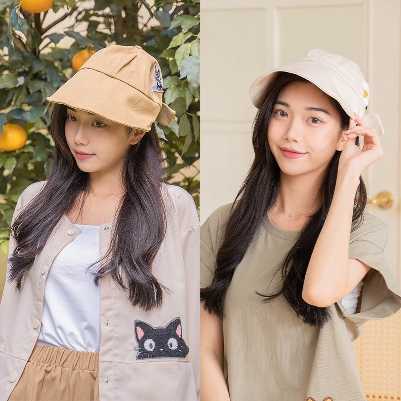 Little black cat paw embroidered sun protection hat [930002] - หมวก - ผ้าฝ้าย/ผ้าลินิน สีกากี