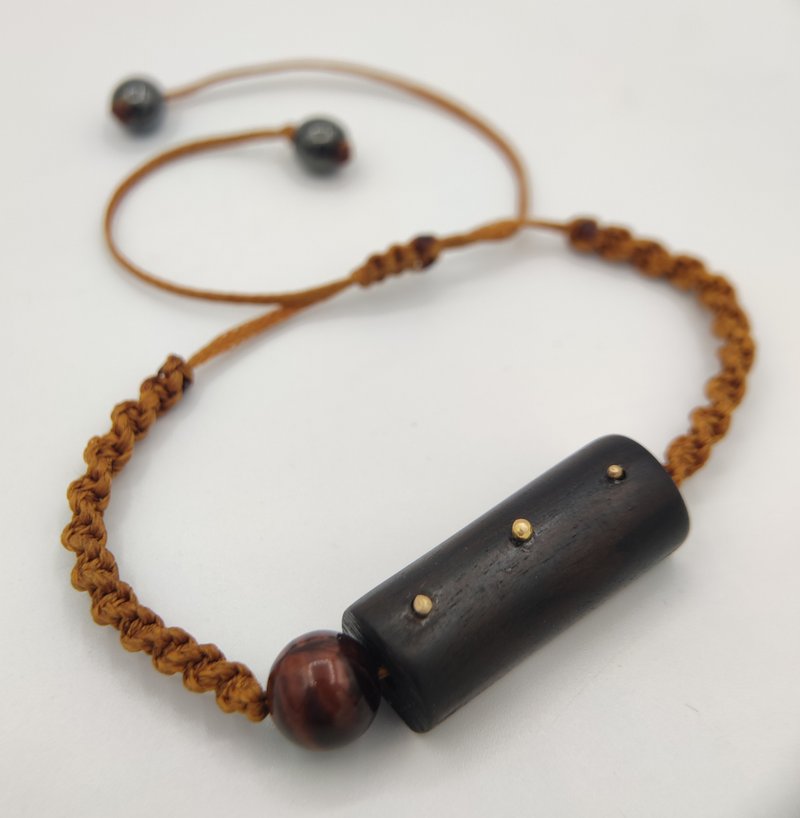 Wooden handmade braclete with 18k gold and stone bead. Ebony wood. - สร้อยข้อมือ - ไม้ 