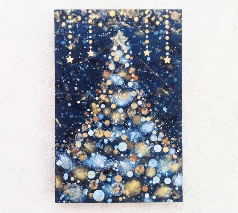 クリスマスツリー雪と星の夜P4号(アクリル原画) - 海報/掛畫/掛布 - 木頭 藍色