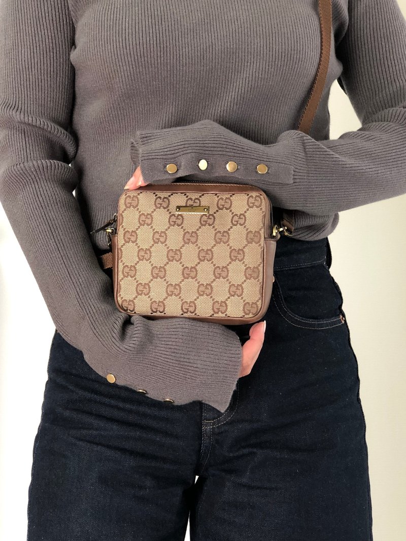 【 日本直送　名牌中古包 】GUCCI グッチ ショルダーバッグ ベージュ GG キャンバス ミニバッグ vintage ヴィンテージ オールド 2hrrun - 側背包/斜背包 - 棉．麻 咖啡色
