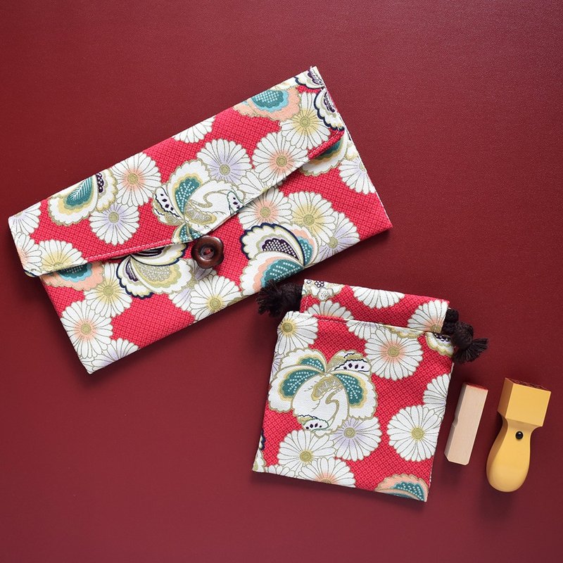 Lucky and happy combination (passbook bag + stamp bag) Maru Kiku - Chinese New Year - Cotton & Hemp Red