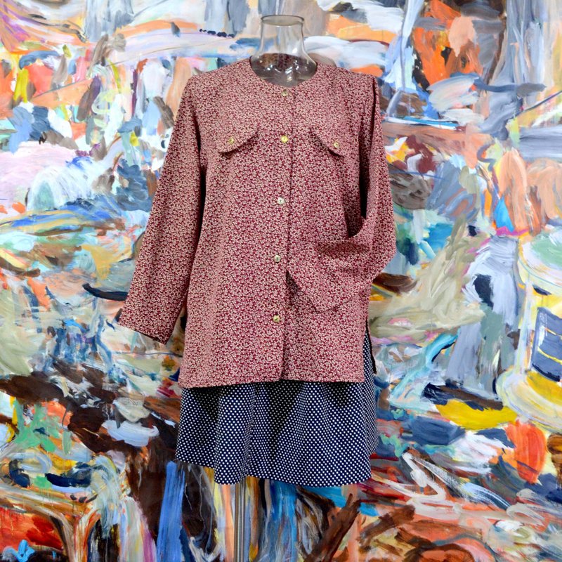 紅色碎花圖案寬鬆附肩墊圓領襯衫 文青淑女高貴優雅 日本中古古著 - 女襯衫 - 其他人造纖維 紅色