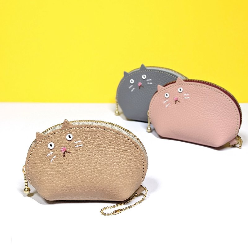 Small size cat pouch Adult beige - กระเป๋าเครื่องสำอาง - หนังแท้ สีนำ้ตาล