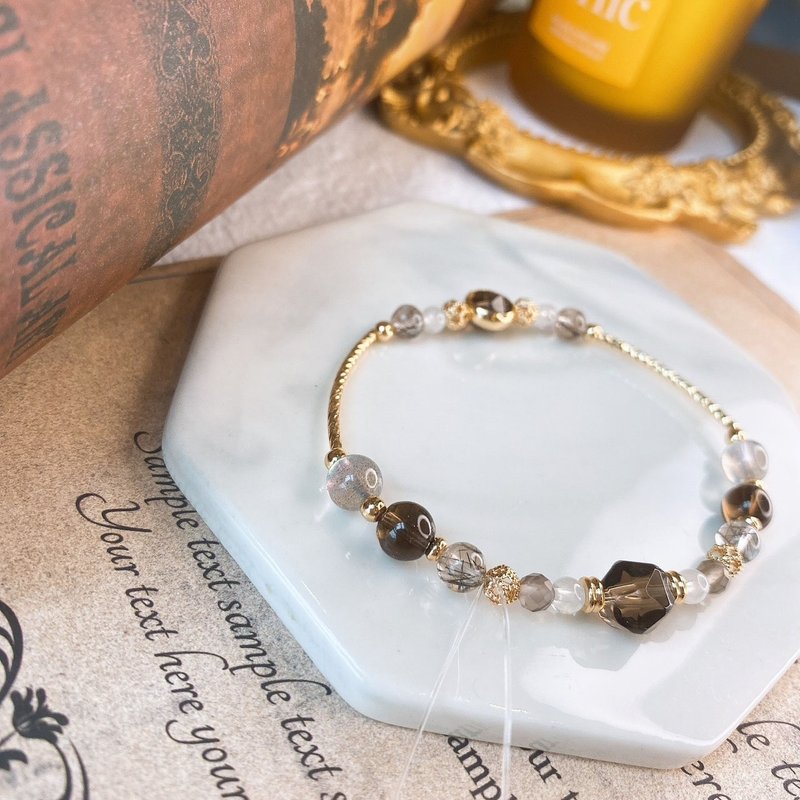 Amber Dawn Citrine Black Hair Crystal Labradorite Moonstone Design Lucky Crystal Elastic Design Bracelet - สร้อยข้อมือ - คริสตัล สีนำ้ตาล