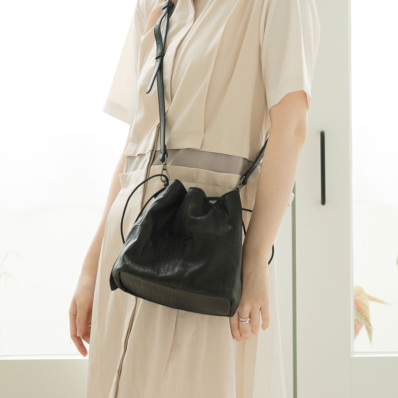 Tree Grain Leather - Portable Side Backpack - Black - Messenger Bags & Sling Bags - Genuine Leather Black