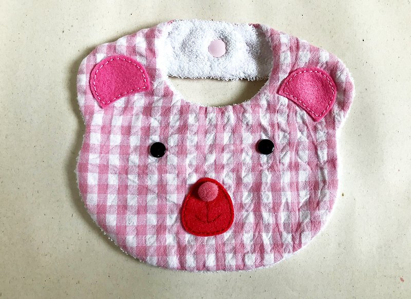 Bib pocket-pink plaid bear - ผ้ากันเปื้อน - ผ้าฝ้าย/ผ้าลินิน สึชมพู