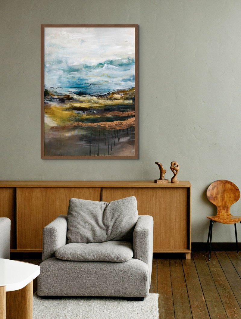 Original Green Landscape Canvas art, Gold Painting Large Wall Art, Textured Art - 壁貼/牆壁裝飾 - 棉．麻 藍色