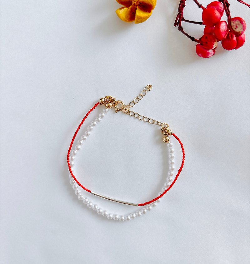 [Good Destiny Red Rope] Handmade French Elegant Red Rope Bracelet Silk Wax Thread Sterling Silver Czech Glass Pearls - Bracelets - Pearl 
