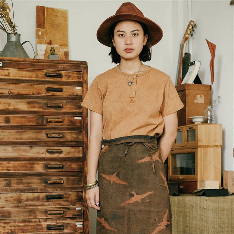 Caramel color 3-color natural organic cotton retro American Henry collar short-sleeved T-shirt cotton round neck casual top - Women's T-Shirts - Cotton & Hemp Orange