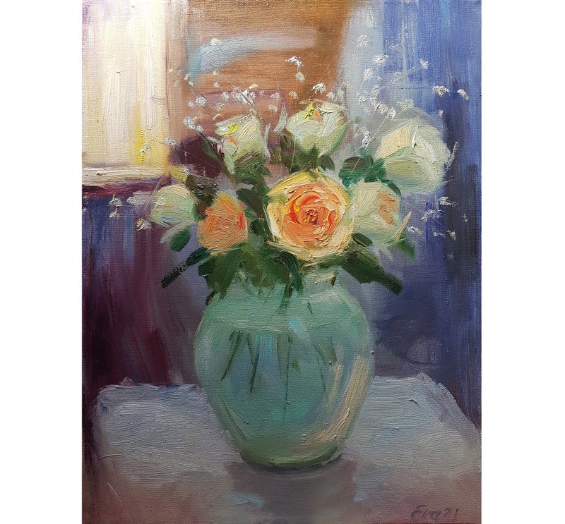 Roses Painting Floral Original Art Impasto Painting Still Life Canvas 16 by 12 - Wall Décor - Other Materials Blue