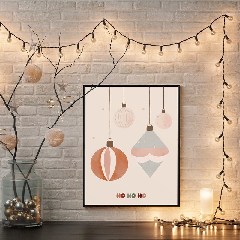 亮晶晶聖誕燈球 - 聖誕插畫/聖誕樹裝飾掛畫/聖誕交換禮物 - 海報/掛畫/掛布 - 棉．麻 灰色