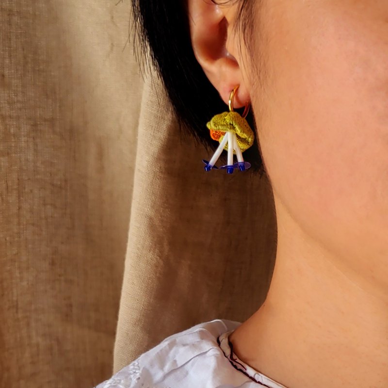 DUNIA handmade/Flower and fruit hand-stitched beaded cloth earrings/-yellow green with orange - ต่างหู - ผ้าฝ้าย/ผ้าลินิน หลากหลายสี