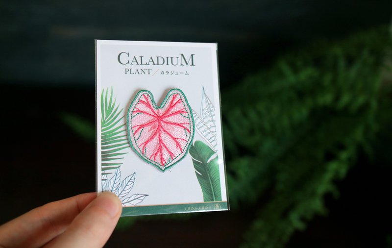 Caladium bicolor White Queen-Foliage Plant - Embroidered Fabric Patch - brooch - Badges & Pins - Thread Pink