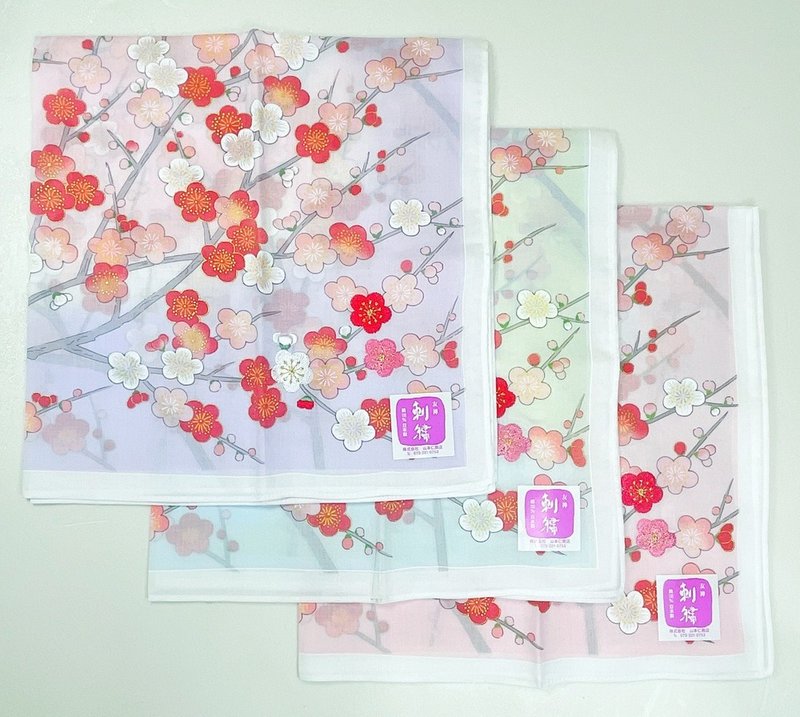 Kyoto Handkerchief-Yuzen Embroidery Series-Plum - Handkerchiefs & Pocket Squares - Cotton & Hemp 