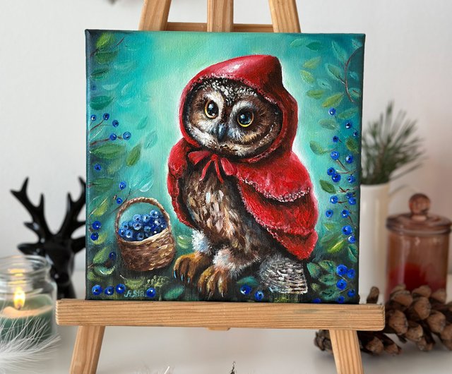 キャンバスに描かれたフクロウのオリジナル絵画、動物アート、子供部屋