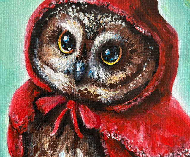 フクロウ キャンバスアート　原画　手描き　絵画　イラスト　インテリア キャンバスに描かれたフクロウのオリジナル絵画、動物アート